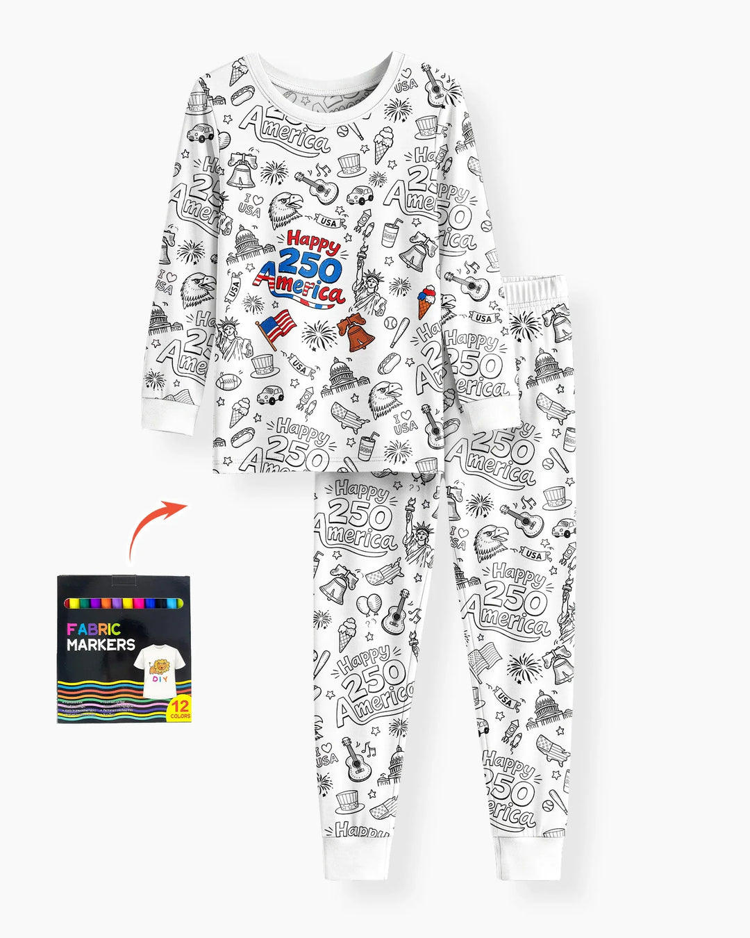 All Colorable Happy 250 America I love USA Bamboo Two Piece Long Sleeve Pajama Set