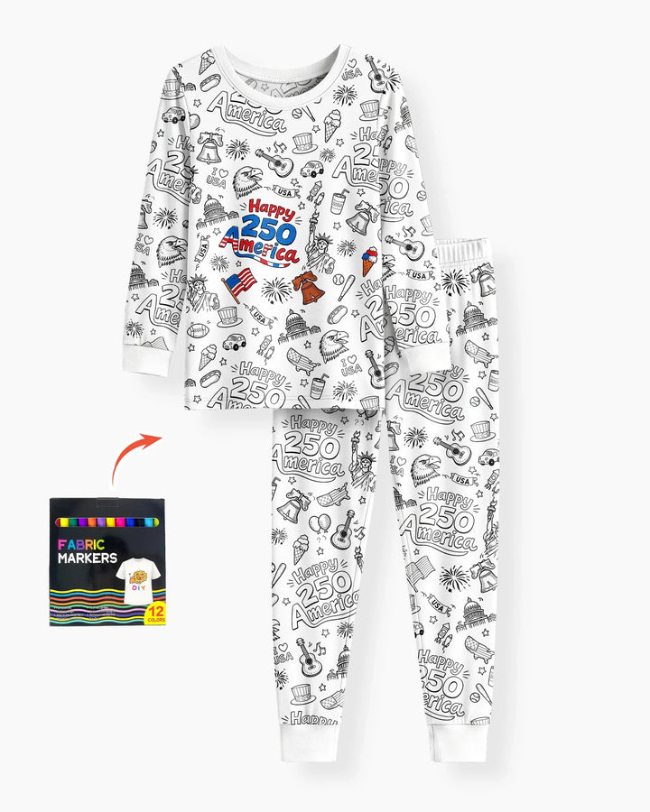 All Colorable Happy 250 America I love USA Bamboo Two Piece Long Sleeve Pajama Set