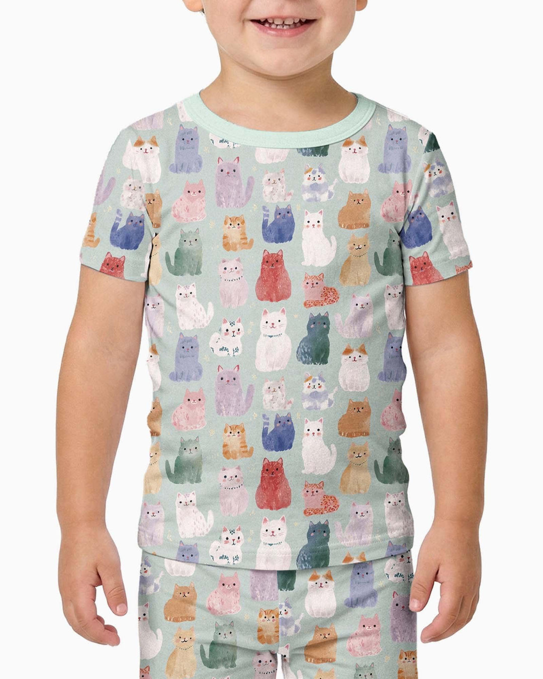 Enchanted Happy Kitty Family Matching Bamboo Two Piece Short Sleeve Pajama Set