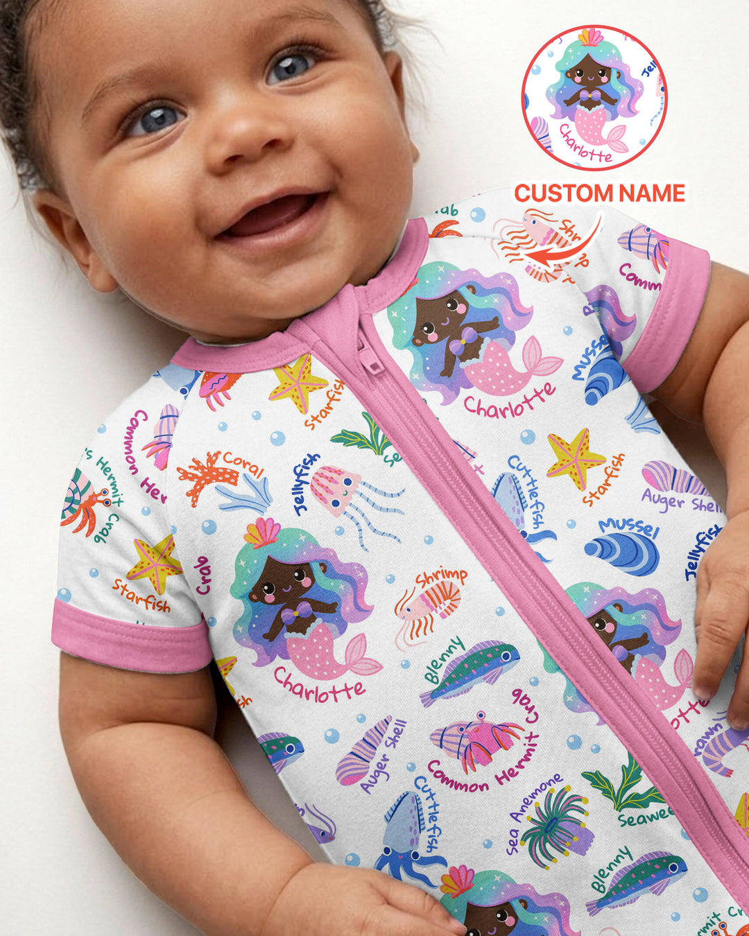 Personalized Cute Mermaid Bamboo Shorty Zippy