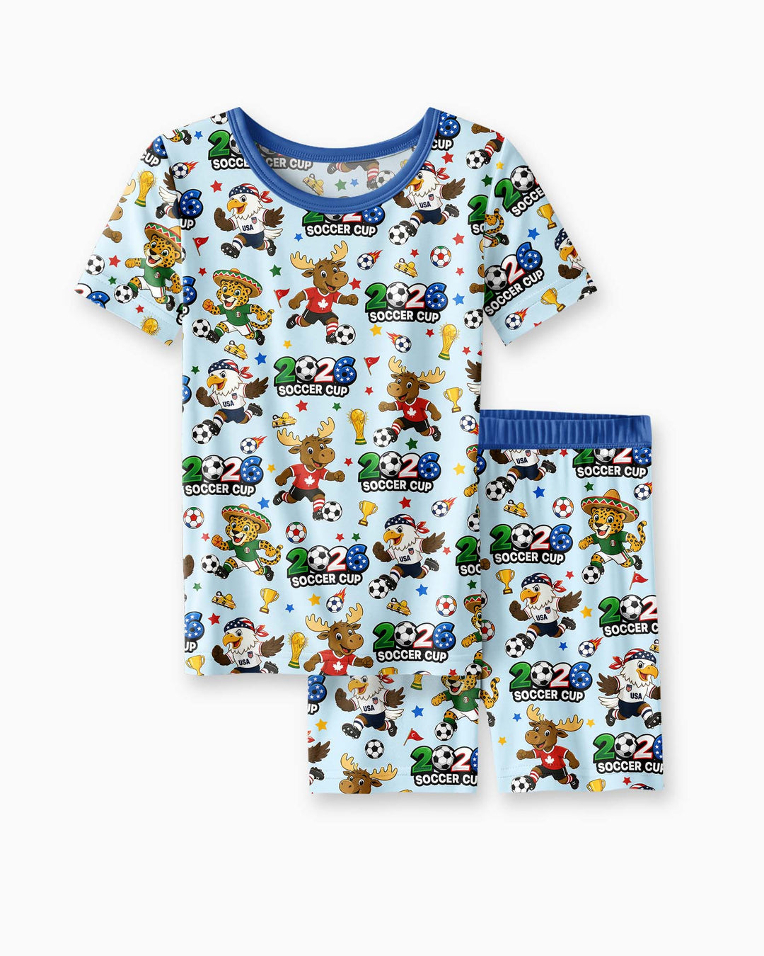 Soccer Cup Cute Mascots Two Piece Short Sleeve Shorts Pajama Set