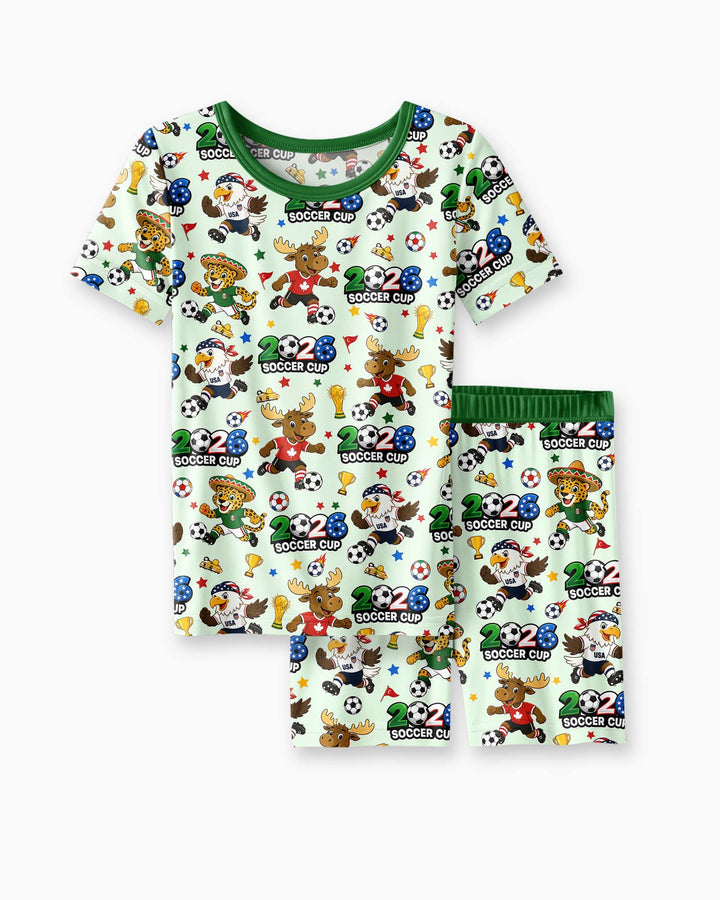 Soccer Cup Cute Mascots Two Piece Short Sleeve Shorts Pajama Set
