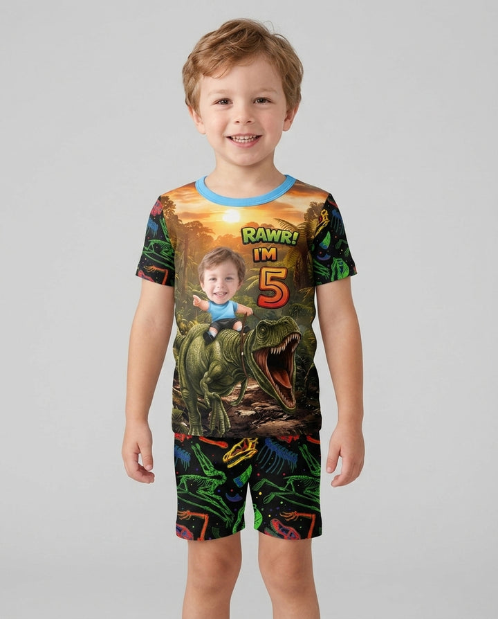 Custom Photo Dino Rawr Birthday Bamboo Two Piece Short Sleeve Shorts Pajama Set