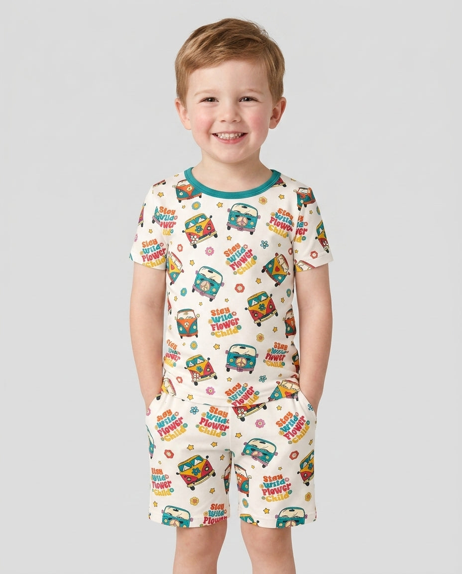 Stay Wild Flower Child Bamboo Two Piece Short Sleeve Shorts Pajama Set