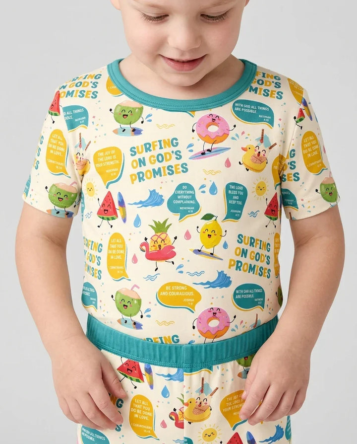 Summer Fruits Surfing On God's Promises Bamboo Two Piece Short Sleeve Shorts Pajama Set