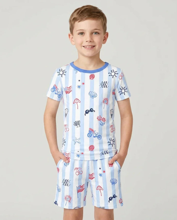 Red, White & Beachy Family Matching Bamboo Two Piece Short Sleeve Shorts Pajama Set