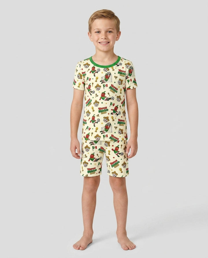 Cartoon World Soccer Vamos Mexico Family Matching Bamboo Two Piece Short Sleeve Shorts Pajama Set