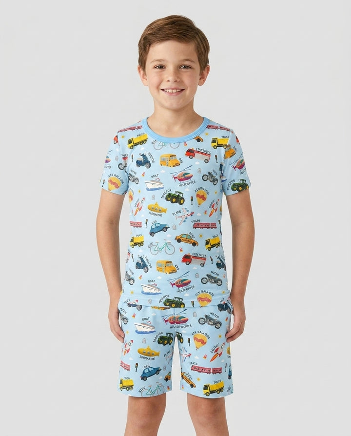 Vehicle Vocabulary Bamboo Two Piece Short Sleeve Shorts Pajama Set