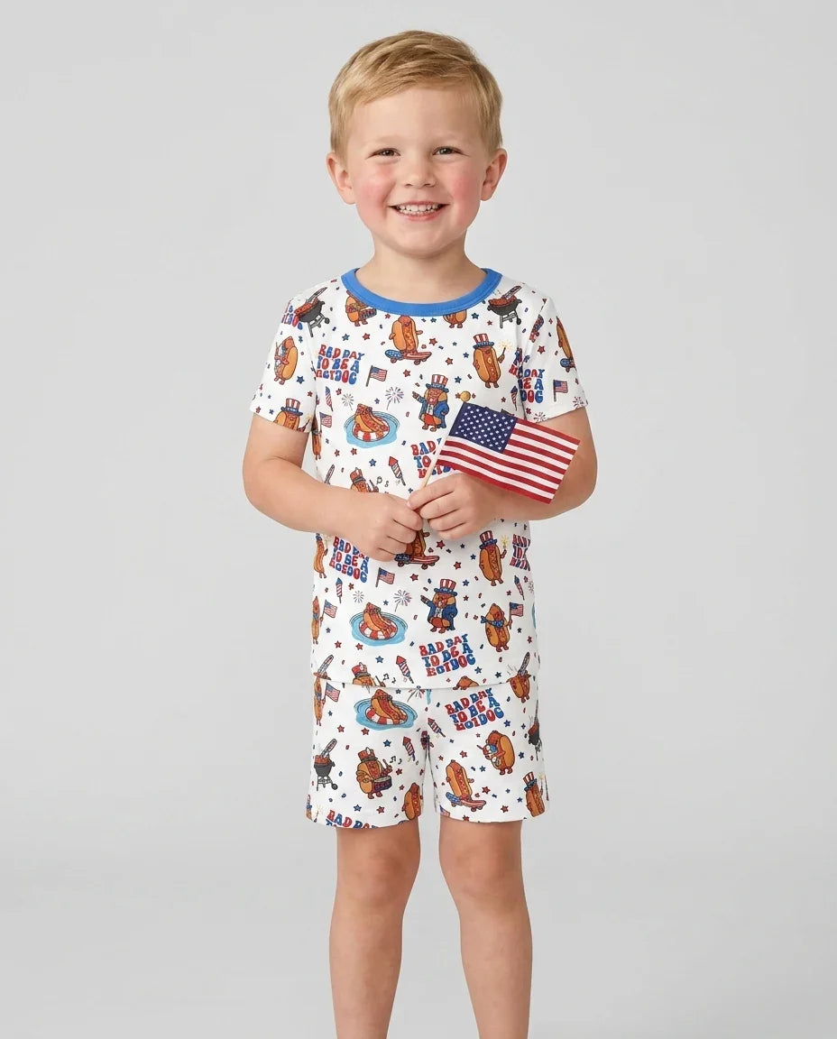 Hot Dog Patriotic Bamboo Two Piece Short Sleeve Shorts Pajama Set
