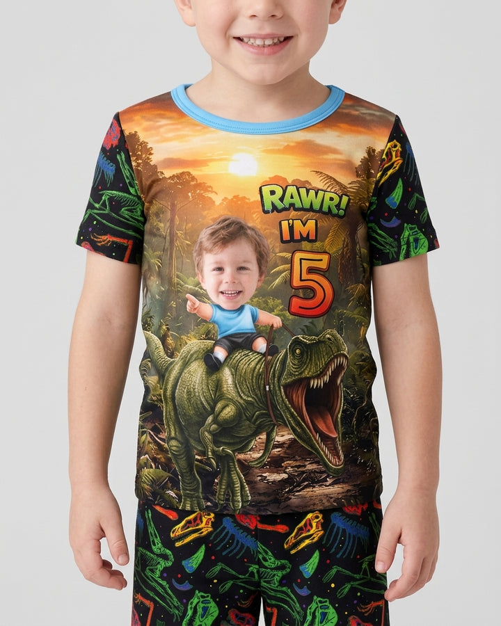 Custom Photo Dino Rawr Birthday Bamboo Two Piece Short Sleeve Shorts Pajama Set