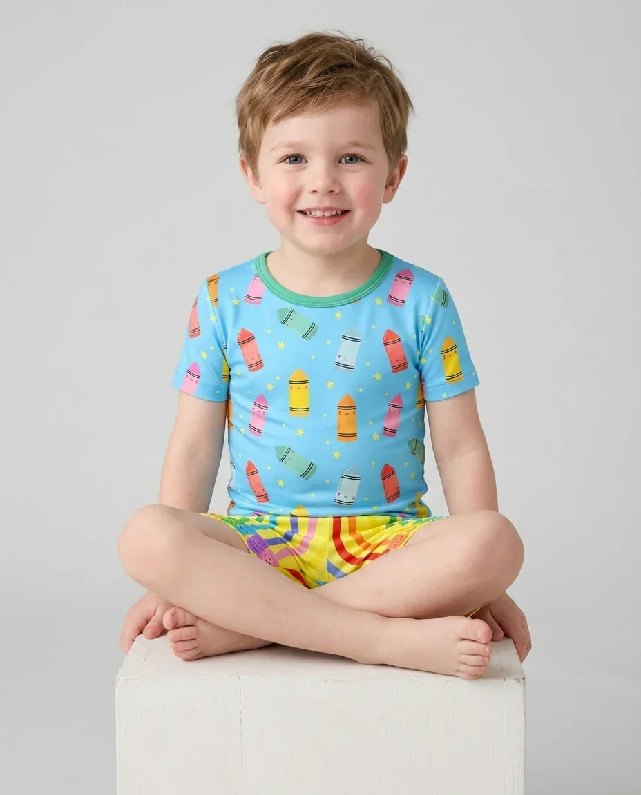 Happy Crayon Friends Bamboo Two Piece Short Sleeve Shorts Pajama Set