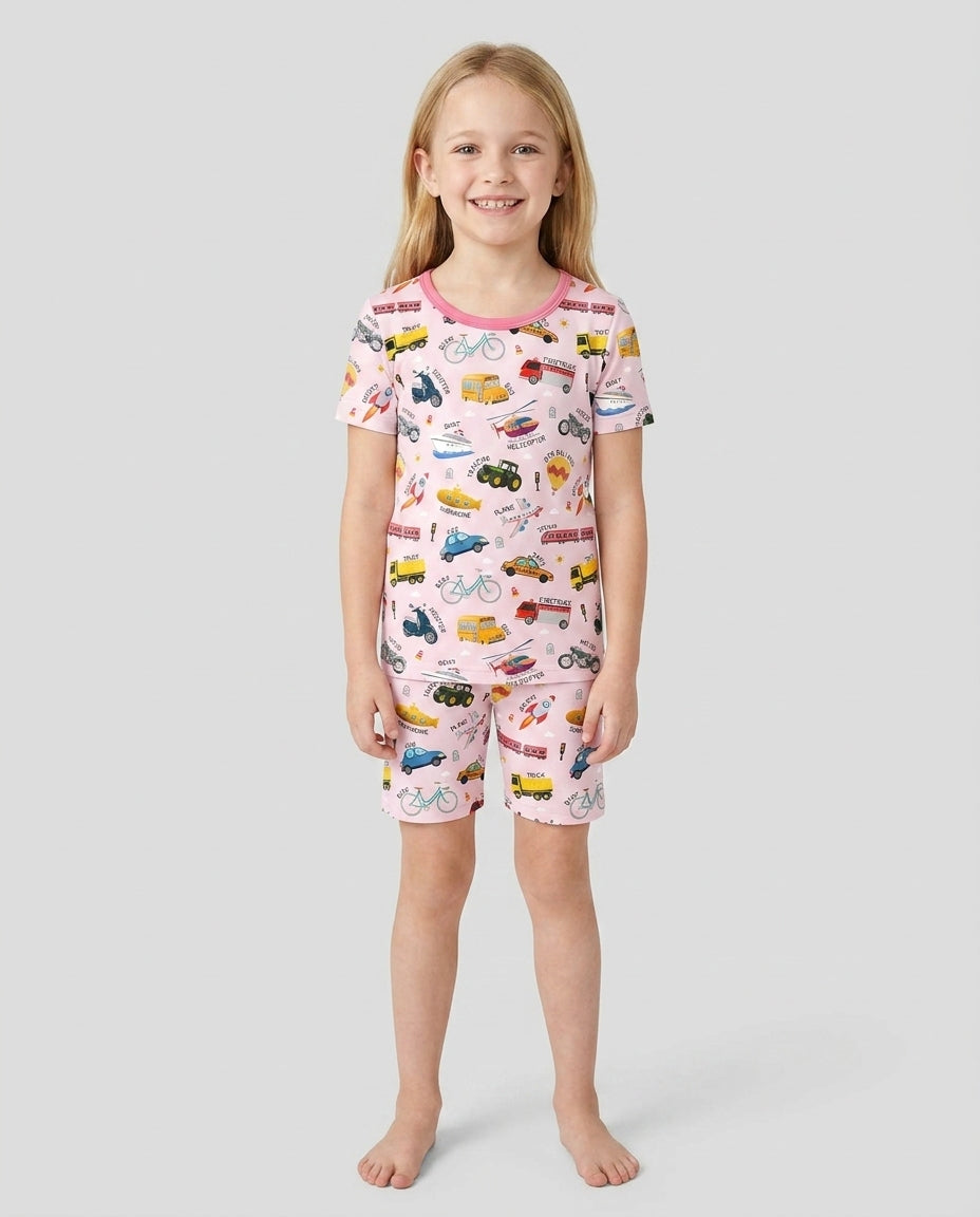 Vehicle Vocabulary Bamboo Two Piece Short Sleeve Shorts Pajama Set