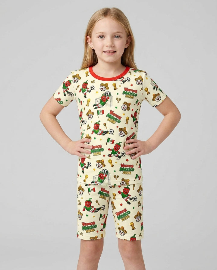 Cartoon World Soccer Vamos Mexico Family Matching Bamboo Two Piece Short Sleeve Shorts Pajama Set