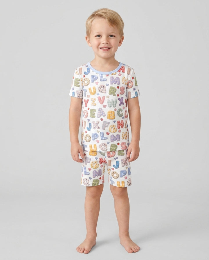Fabric Alphabet Letters Bamboo Two Piece Short Sleeve Shorts Pajama Set