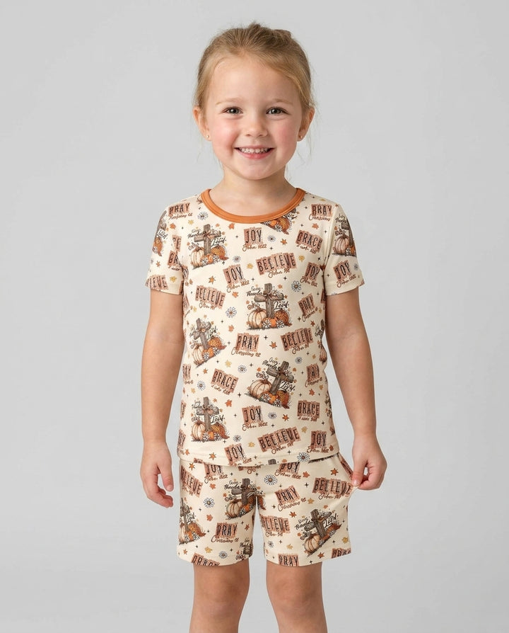Floral Fall Give Thanks To The Lord Bamboo Two Piece Short Sleeve Shorts Pajama Set