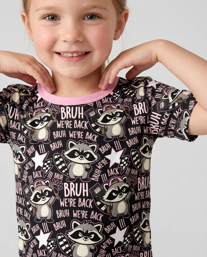 Bruh We're Back Raccoon Bamboo Two Piece Short Sleeve Shorts Pajama Set