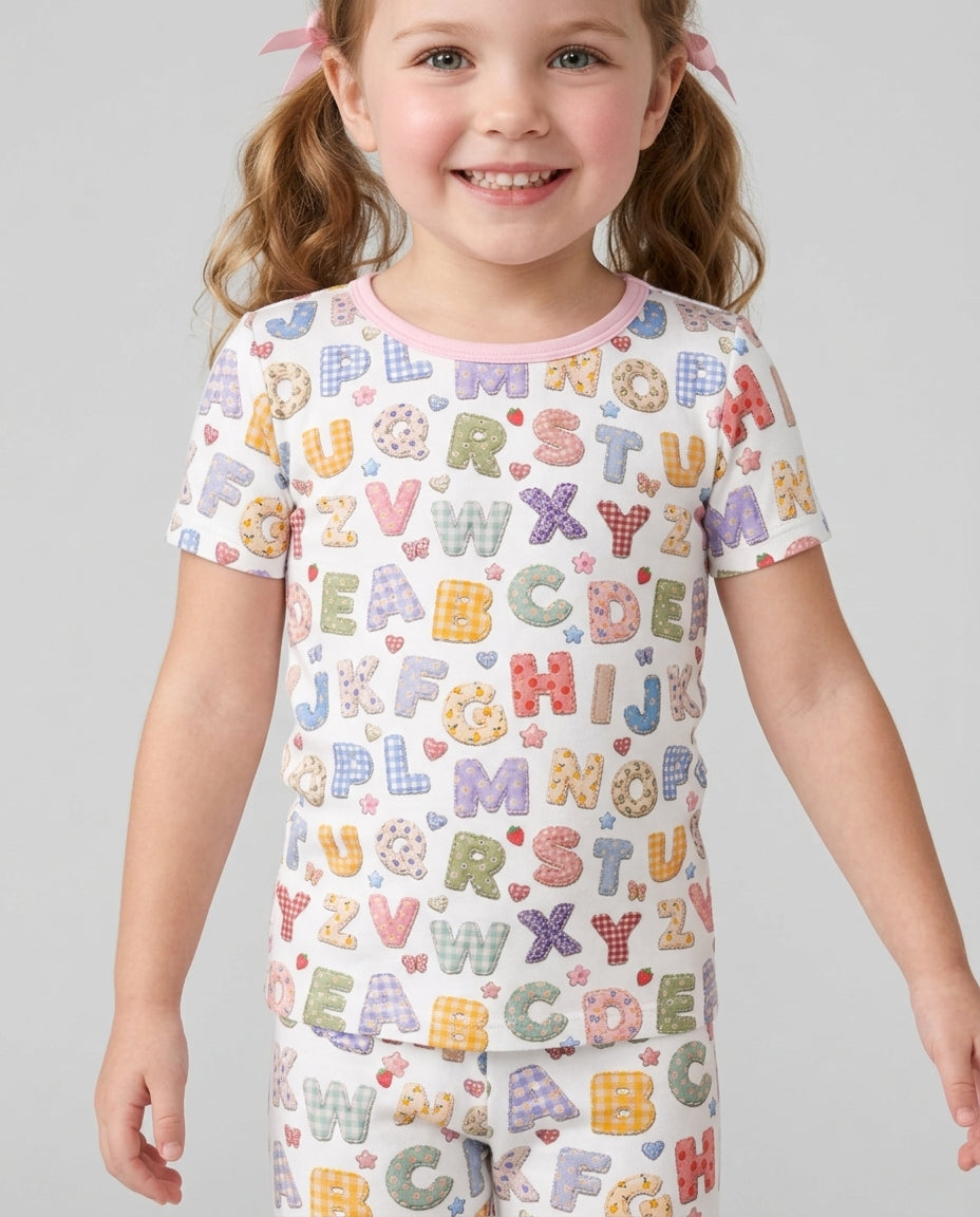 Fabric Alphabet Letters Bamboo Two Piece Short Sleeve Shorts Pajama Set