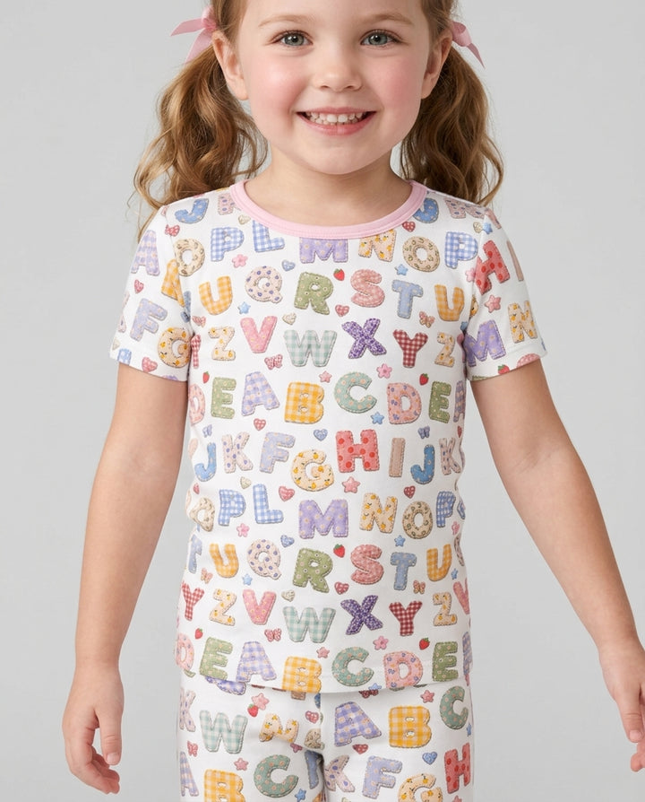 Fabric Alphabet Letters Bamboo Two Piece Short Sleeve Shorts Pajama Set