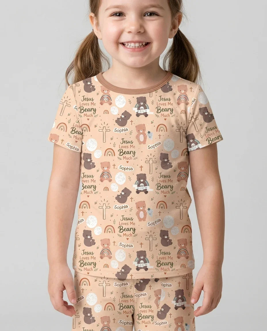 Custom Name Jesus Loves Me Beary Much Bamboo Two Piece Short Sleeve Shorts Pajama Set