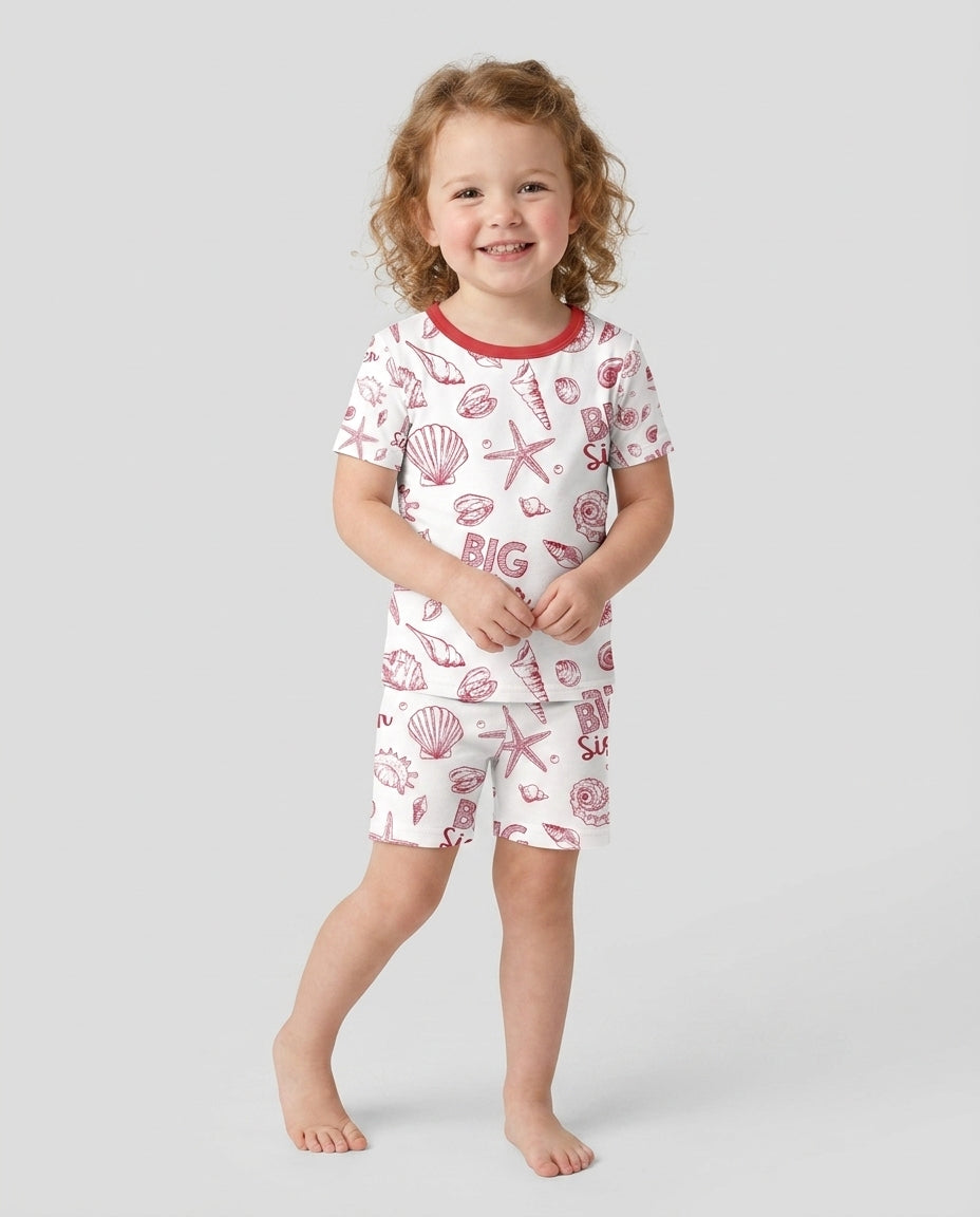 Coquette Seashell Matching Sibling Bamboo Two Piece Short Sleeve Shorts Pajama Set