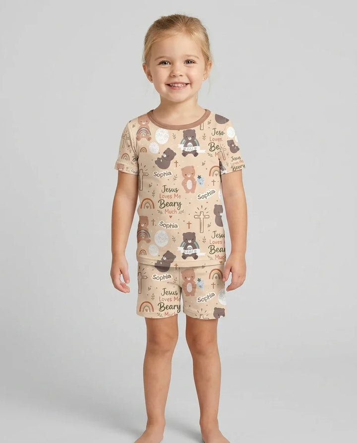 Custom Name Jesus Loves Me Beary Much Bamboo Two Piece Short Sleeve Shorts Pajama Set