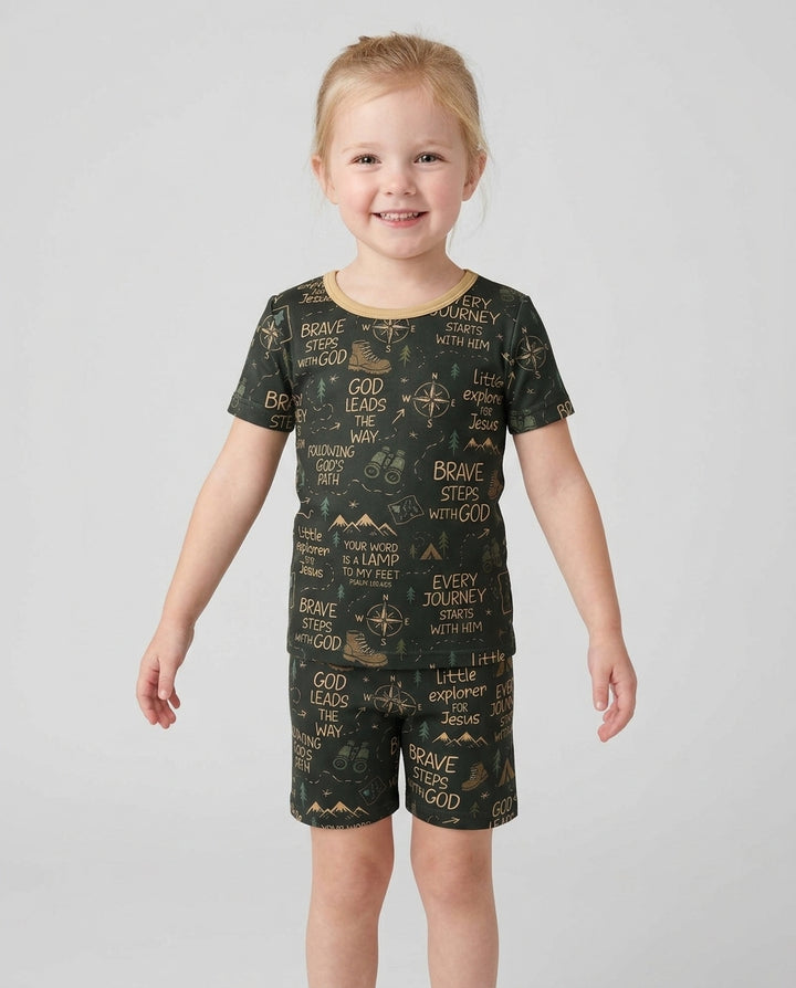 Little Explorer God Leads The Way Bamboo Two Piece Short Sleeve Shorts Pajama Set