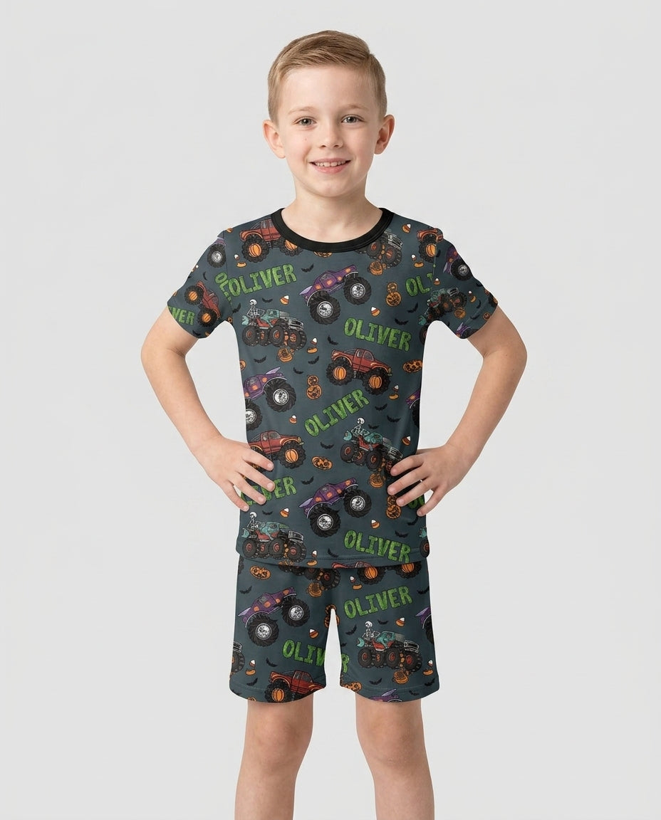 Custom Name Haunted Monster Trucks  Bamboo Two Piece Short Sleeve Shorts Pajama Set