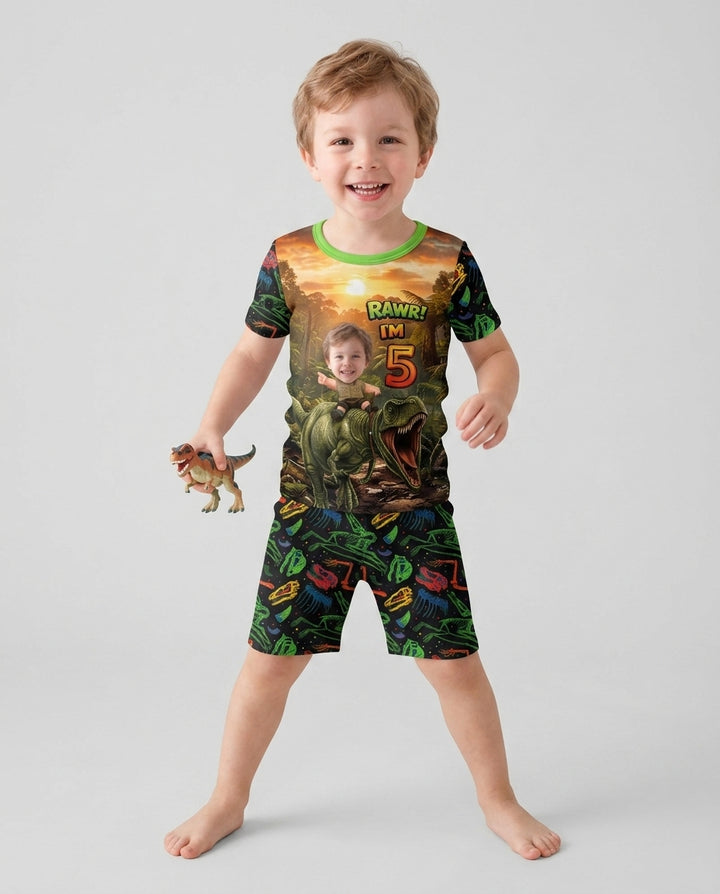 Custom Photo Dino Rawr Birthday Bamboo Two Piece Short Sleeve Shorts Pajama Set