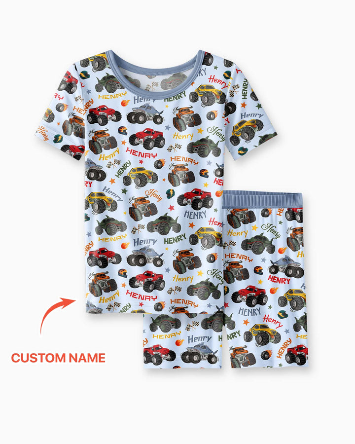 Personalized Monster Truck Bamboo Two Piece Short Sleeve Shorts Pajama Set