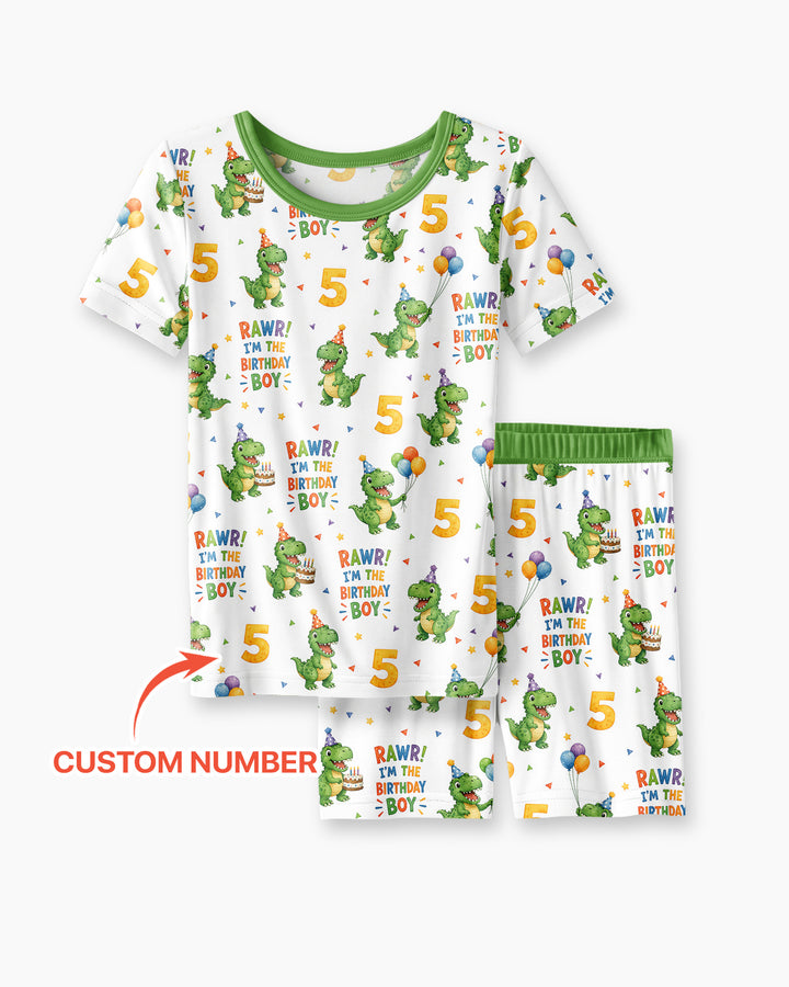 Personalized Dinosaur Birthday Boy Bamboo Two Piece Short Sleeve Shorts Pajama Set