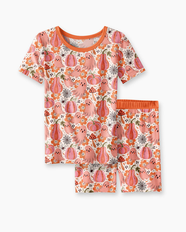 Pink Ghost Pumpkin Fall Floral Halloween Bamboo Two Piece Short Sleeve Shorts Pajama Set