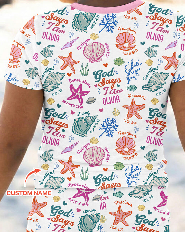 Coastal God Says I Am Custom Name Bamboo Two Piece Short Sleeve Pajama Set