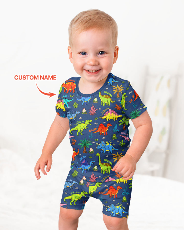 Dino Field Guide Custom Name Bamboo Two Piece Short Sleeve Shorts Pajama Set