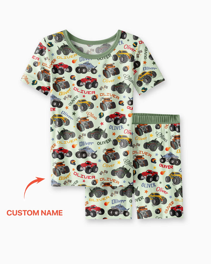 Personalized Monster Truck Bamboo Two Piece Short Sleeve Shorts Pajama Set