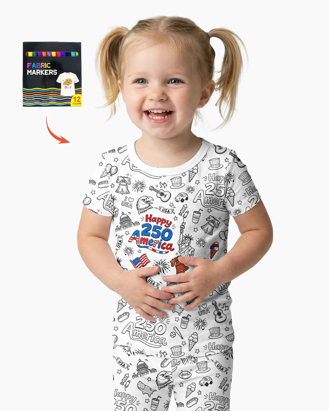 All Colorable Happy 250 America I love USA Bamboo Two Piece Short Sleeve Pajama Set