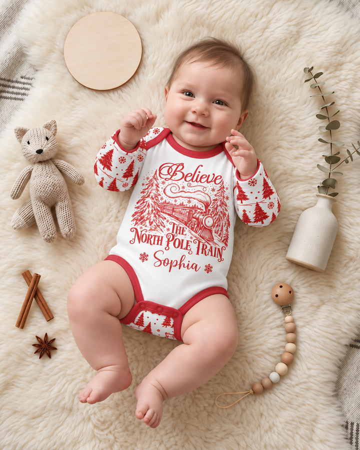 Custom Name North Pole Train Bamboo Bodysuit