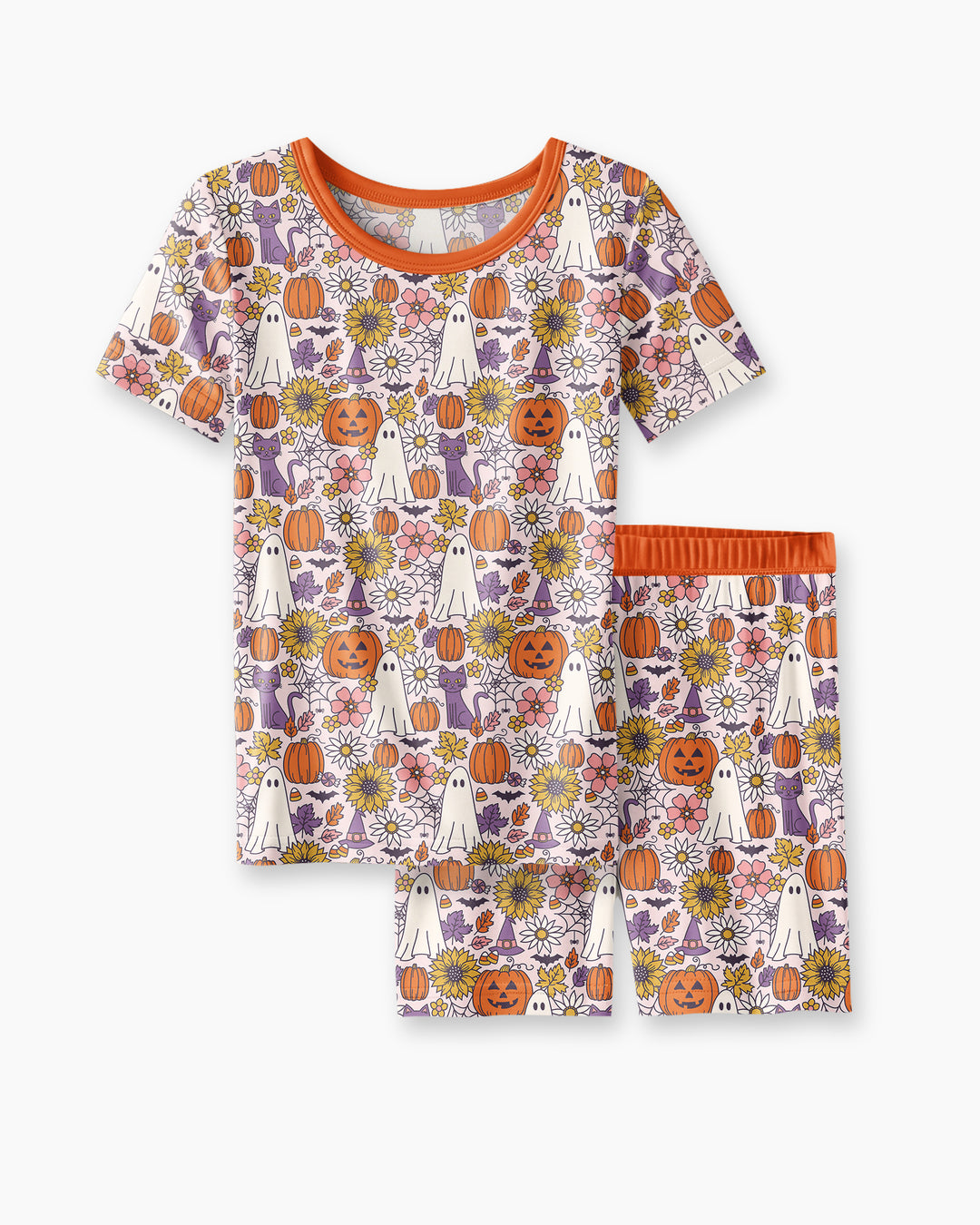 Ghost Pumpkin Fall Floral Halloween Bamboo Two Piece Short Sleeve Shorts Pajama Set