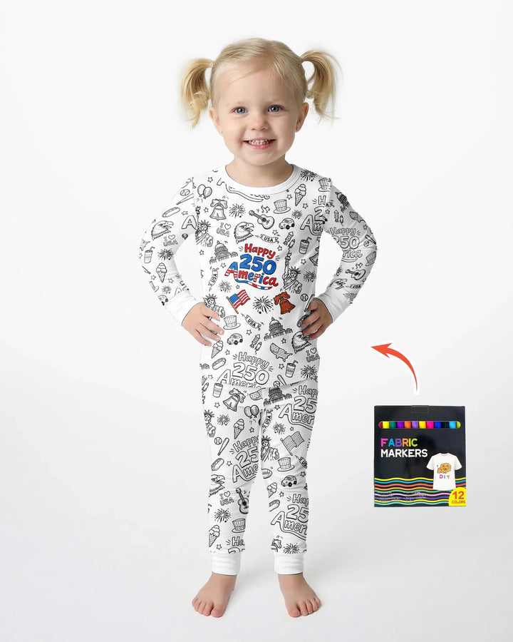 All Colorable Happy 250 America I love USA Bamboo Two Piece Long Sleeve Pajama Set