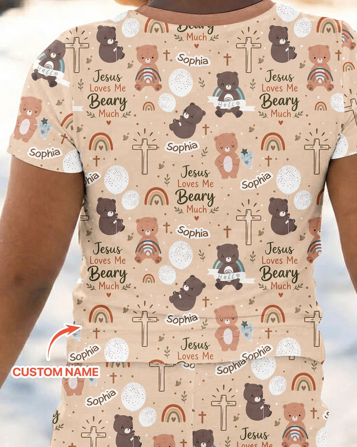 Custom Name Jesus Loves Me Beary Much Bamboo Two Piece Short Sleeve Pajama Set