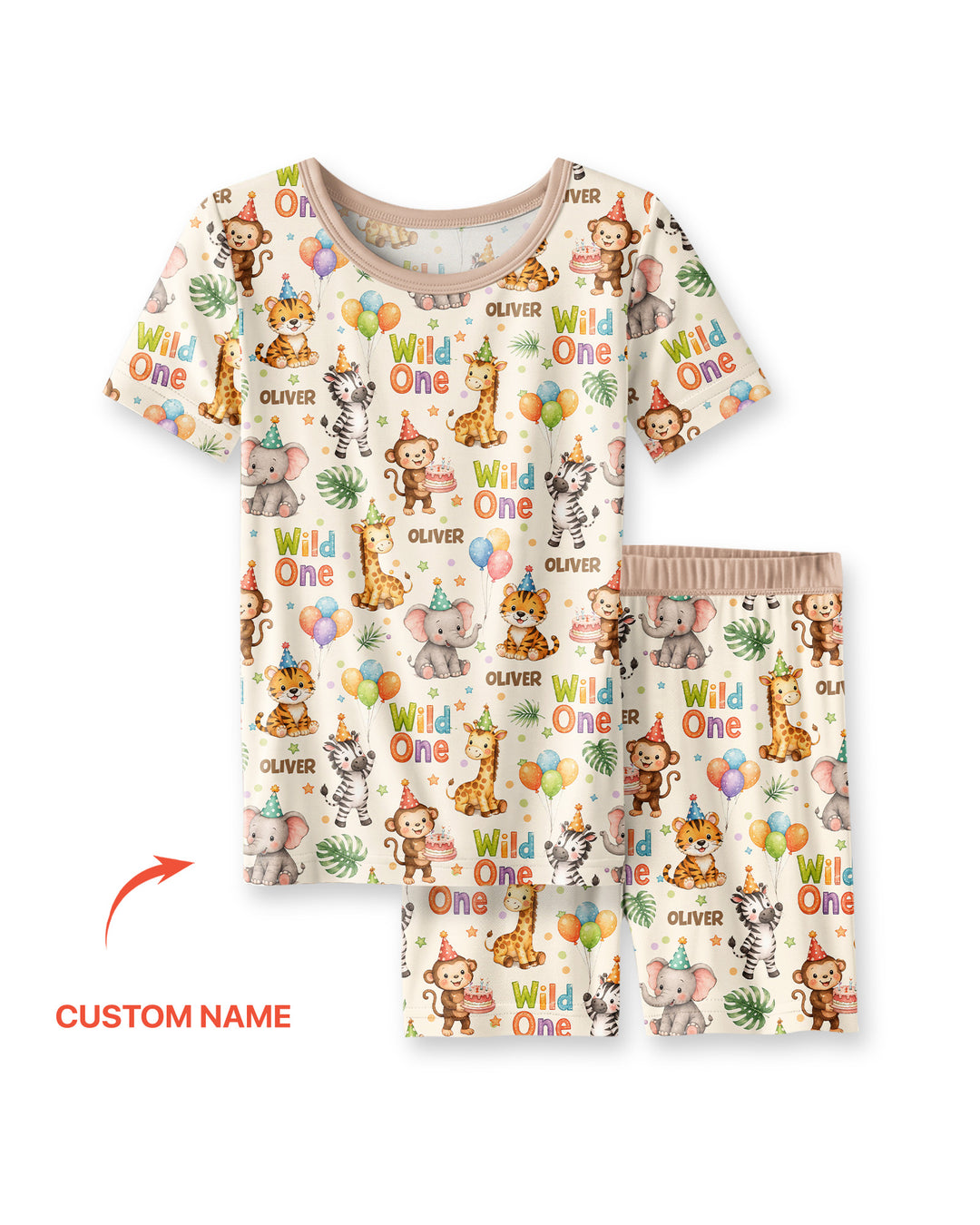 Custom Name 1st Birthday Wild One Bamboo Two Piece Short Sleeve Shorts Pajama Set