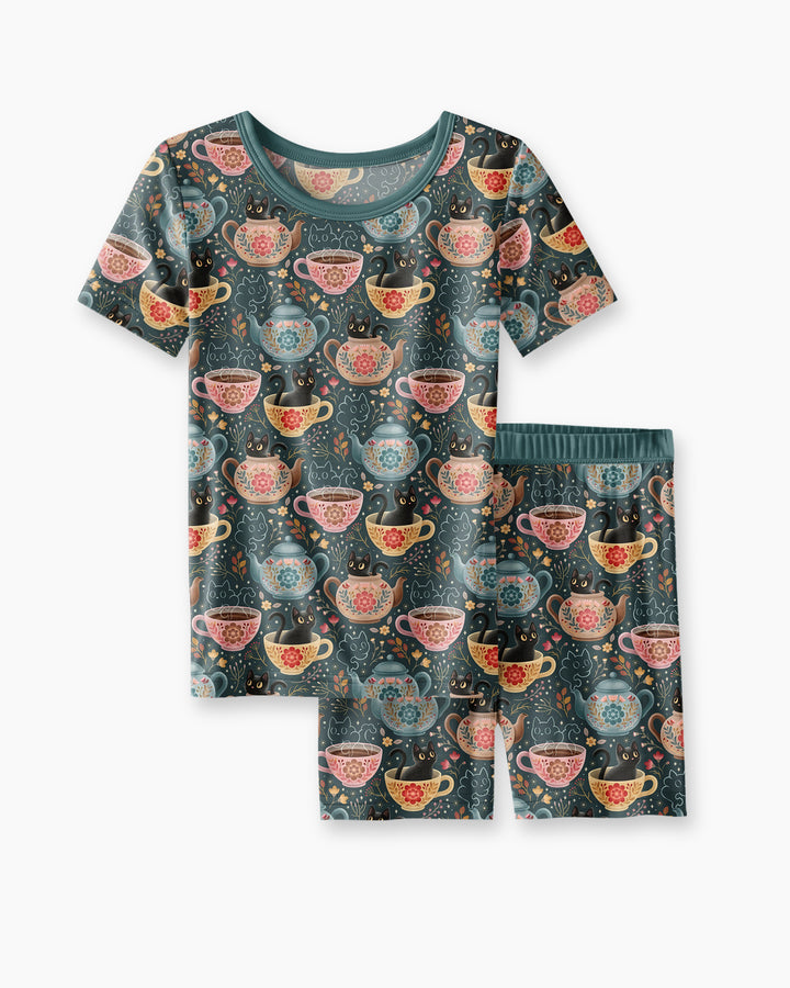 Folk Floral Black Cat Tea Party Bamboo Two Piece Short Sleeve Shorts Pajama Set