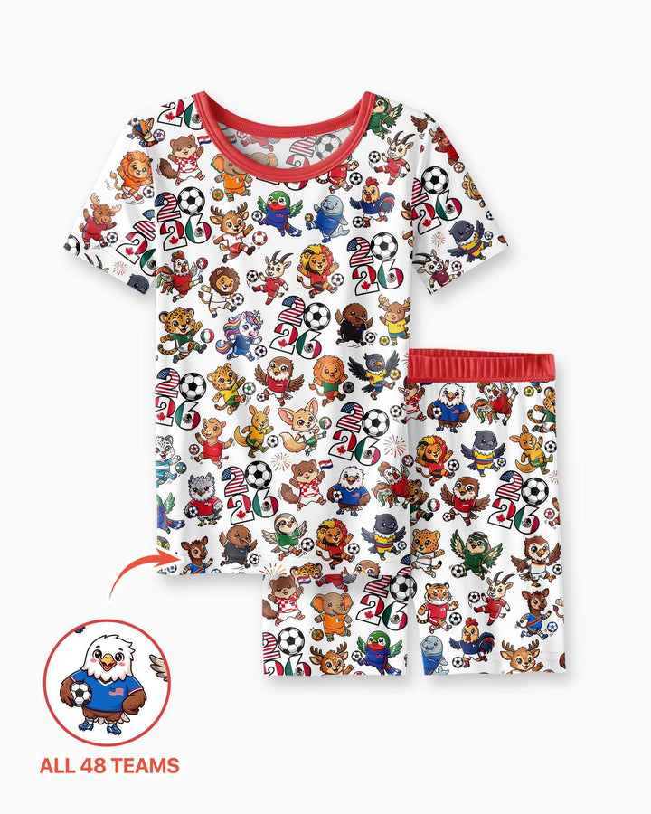 Kawaii Animals Soccer Tour 2026 Family Matching Bamboo Two Piece Short Sleeve Shorts Pajama Set