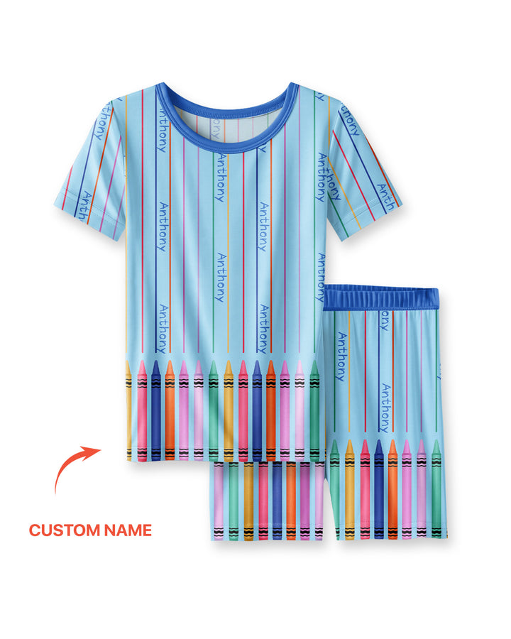 Custom Name Crayon Lines Bamboo Two Piece Short Sleeve Shorts Pajama Set