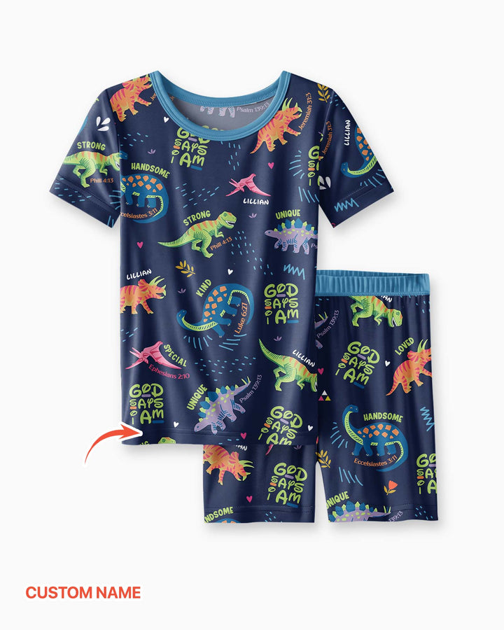 Custom Name God says I am Dinosaur Bamboo Two Piece Short Sleeve Shorts Pajama Set