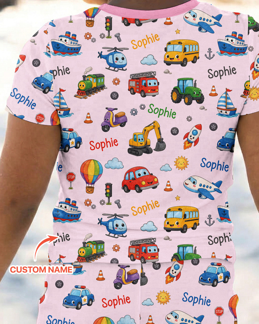 Custom Name Cute Transport Bamboo Two Piece Short Sleeve Pajama Set