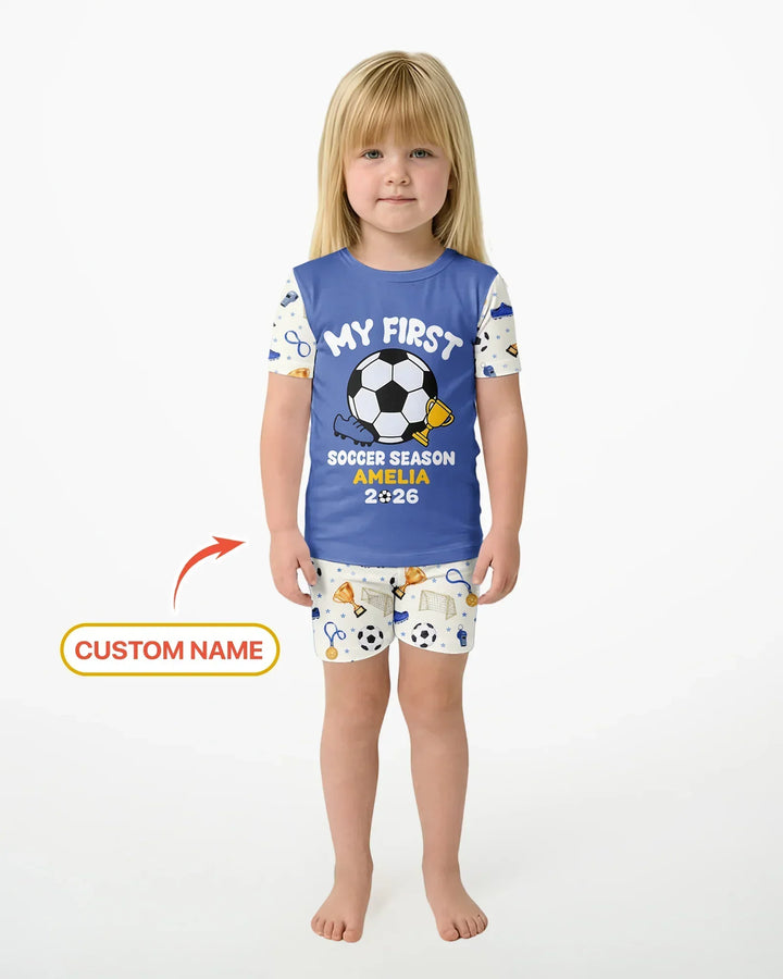 Custom Name My First Soccer Season Bamboo Two Piece Short Sleeve Shorts Pajama Set