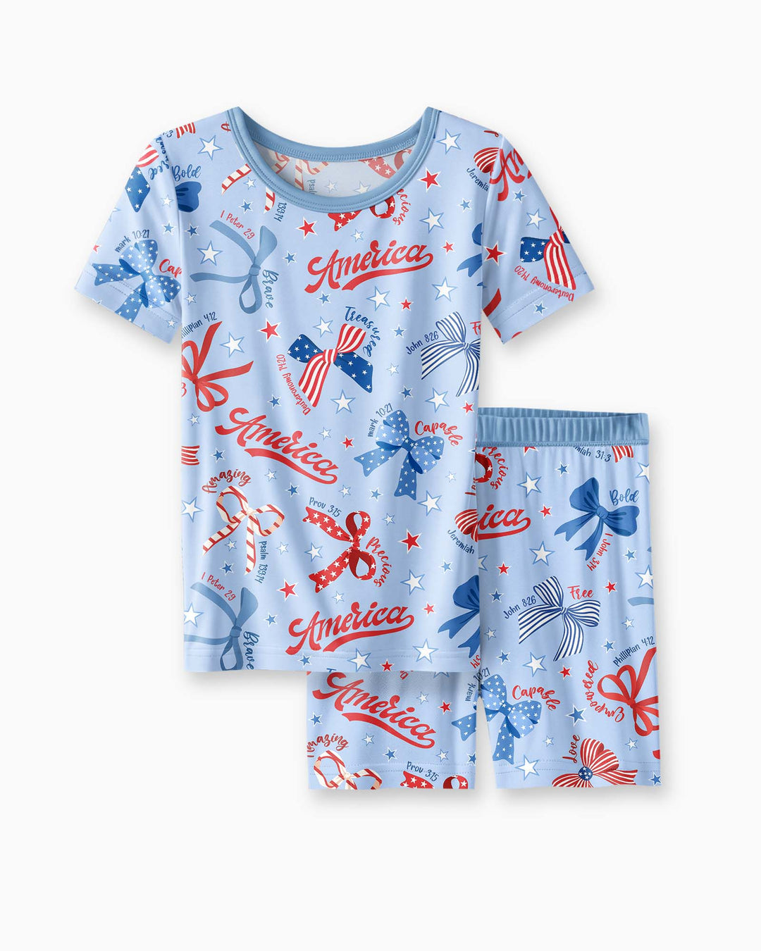 Pijama de dos piezas con pantalón corto y manga corta de bambú, estilo femenino y patriótico