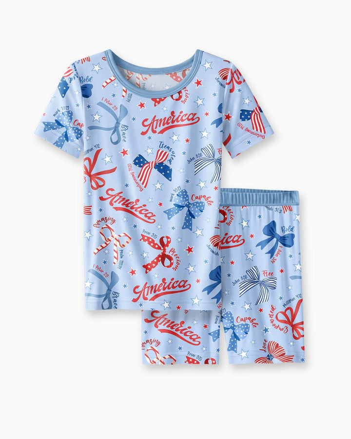 Pijama de dos piezas con pantalón corto y manga corta de bambú, estilo femenino y patriótico