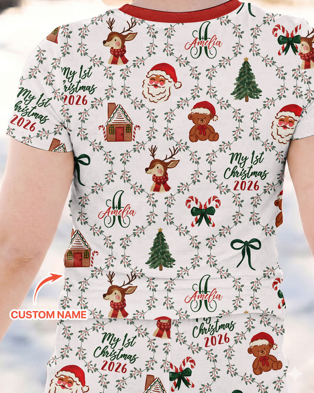 Custom name "Fancy Monogram Red Christmas 2026" Bamboo Two Piece Short Sleeve Pajama Set
