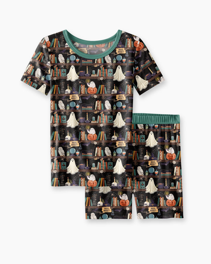 Cute Ghost Witchy Halloween Magic Library Bamboo Two Piece Short Sleeve Shorts Pajama Set